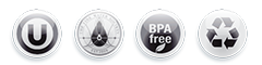 Kosher Certification, Member of The Fine Water Society, BPA Free, 100% Recyclable Icons Badges for Kosher, Fine Waters, BPA free, Recycle